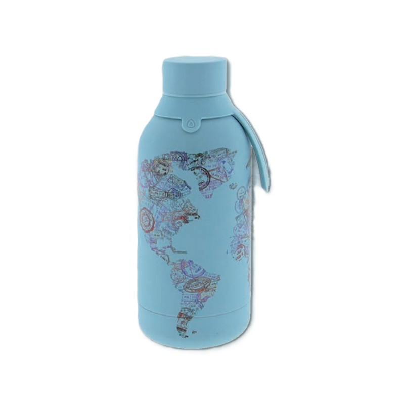 Borraccia termica azzurra decorata con francobolli del mondo in acciaio inox doppia parete da 500 ml